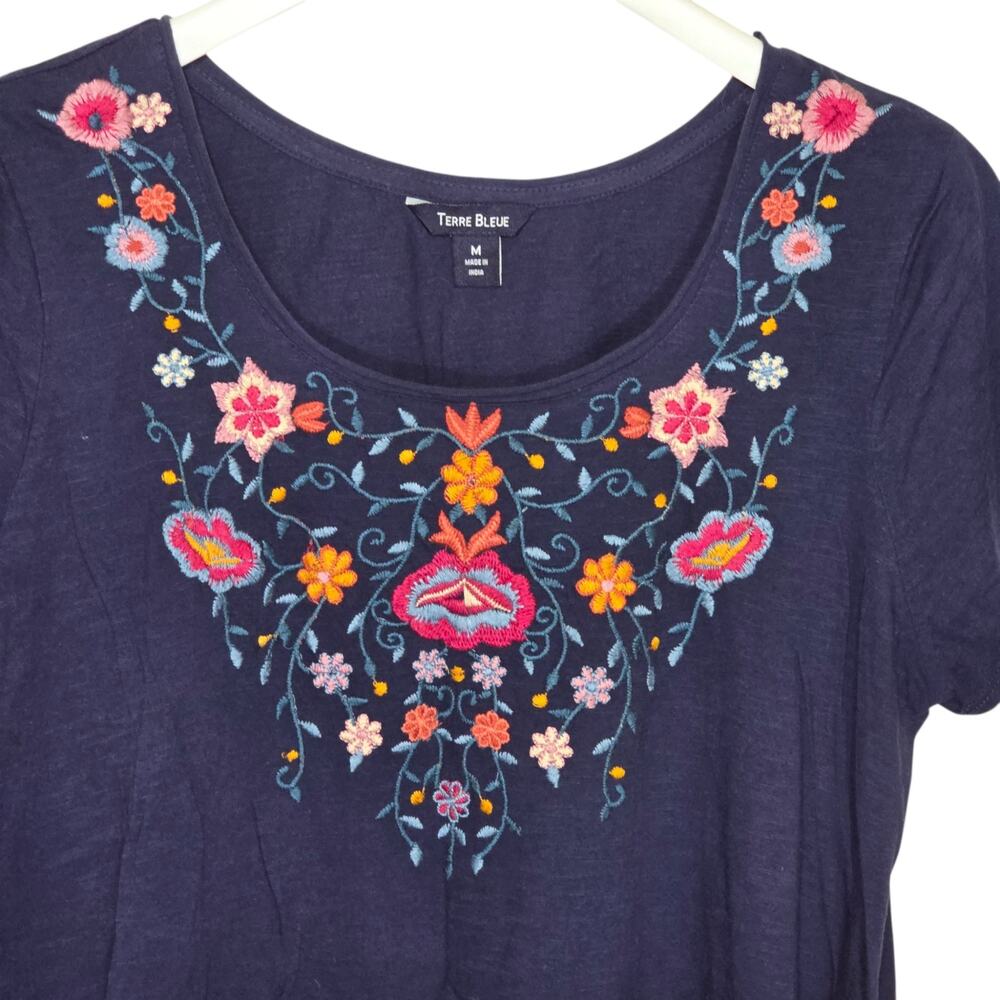 Womens Terre Bleue Floral Embroidered Top Asymmetrical M Navy Cotton Excellent